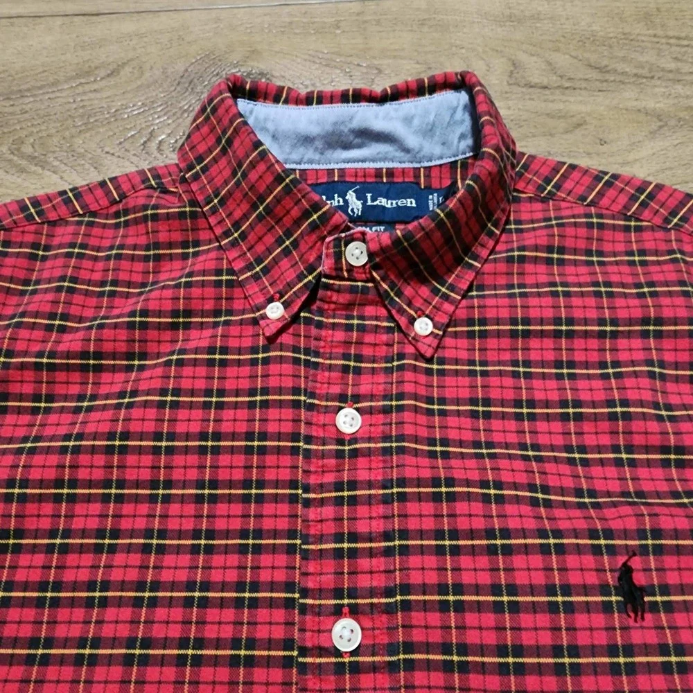 Polo Ralph Lauren Mens Custom Fit Plaid Button Down Shirt Red Black Yellow Large